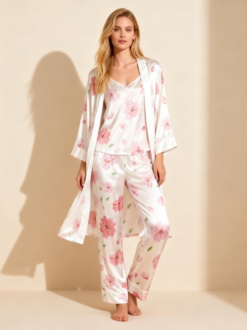 Satin 3-Piece Elegant Pink Floral Sleepwear Set for Women