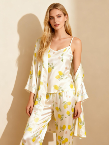 3-Piece Satin Nightwear Set with Watercolor Botanical Pattern