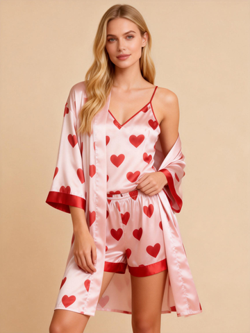 Women’s Premium Satin Sleep Set Featuring Scattered Hearts Print