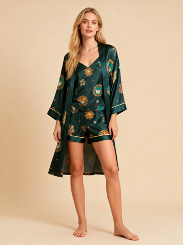 Women’s Premium Satin Sleep Set Featuring Elegant Green Print