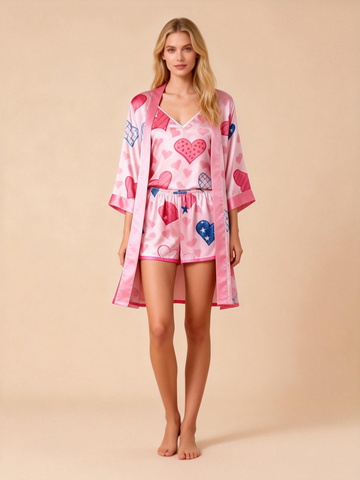 Women’s Premium Satin Sleep Set with Pink Heart