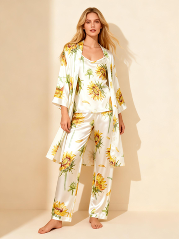 Satin 3-Piece Sunflower Sleepwear Set for Women