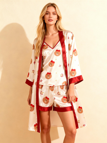Cute Bear & Dreamscape Satin Sleepwear Trio for Women