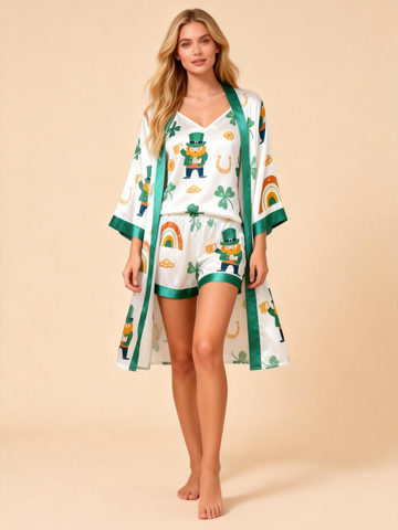 Women’s Premium Satin Sleep Set with Green Pattern