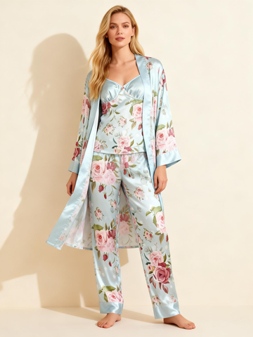 Satin 3-Piece Elegant Floral Sleepwear Set for Women