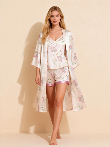 Women’s Premium Satin Sleep Set with Pink Mini Blossoms