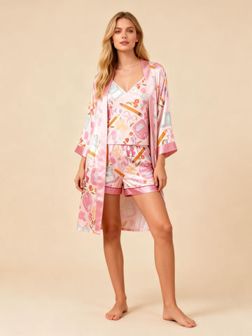 Women’s Premium Satin Sleep Set with Pink Pattern Design