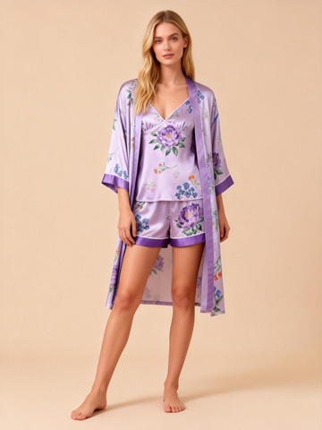 Women’s Premium Satin Sleep Set with Purple Floral Blossom