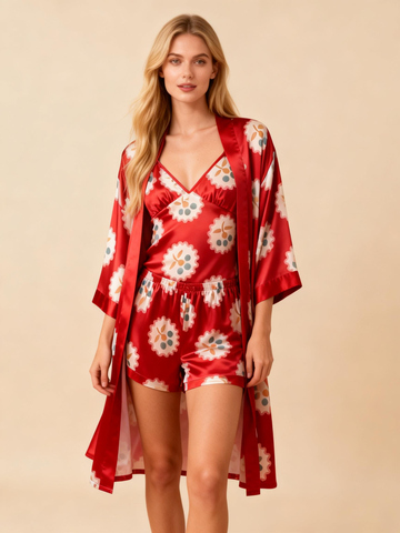 Elegant Satin Red Loungewear Trio in Romantic Style