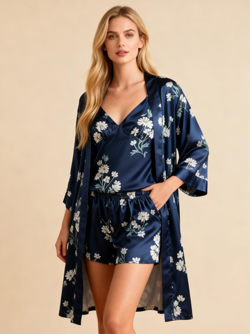 Elegant Satin Navy Loungewear Trio with Daisy Floral