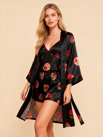 Floral Satin 3-Piece Sleepwear Set for Women – Robe, Camisole & Shorts