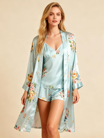 Elegant Satin Loungewear Trio with Vintage Luxe Floral Print