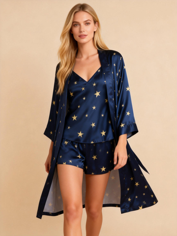 Elegant Satin Navy Loungewear Trio with Star Motifs
