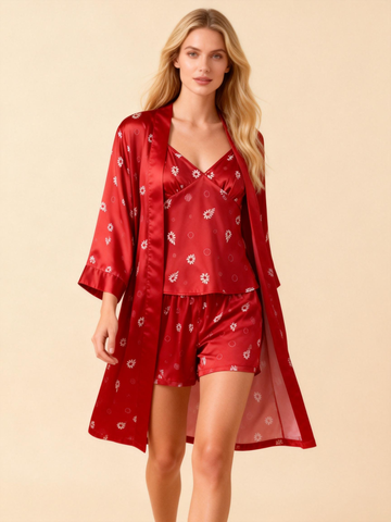 Elegant Satin Loungewear Trio in Midnight Romantic Style