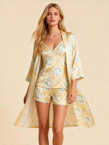 Printed Satin Sleep Set – 3 Pieces Women’s Pajamas