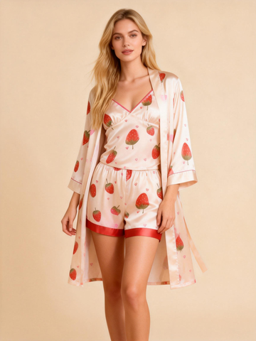 Women’s Premium Satin Sleep Set Featuring Strawberry Design