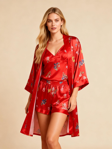 Elegant Satin Loungewear Trio in Bright Red Style