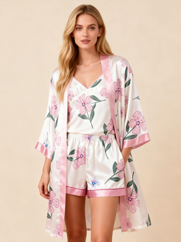 Elegant Satin 3-Piece Loungewear Set with Pink Floral&Leaves Pattern