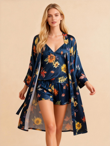 Elegant Satin Navy Loungewear Trio with Florals Motif