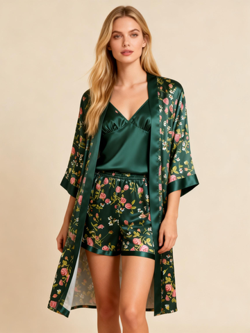Elegant Satin Loungewear Trio in Vintage Green Style