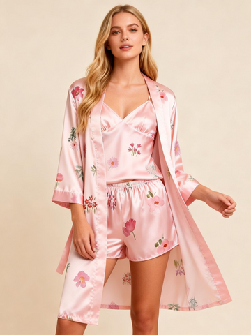 Elegant Satin Loungewear Trio in Dreamy Pink Style