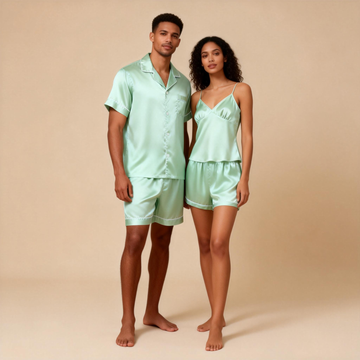 Silky Satin Solid Sleep Set for Couples-Light Green