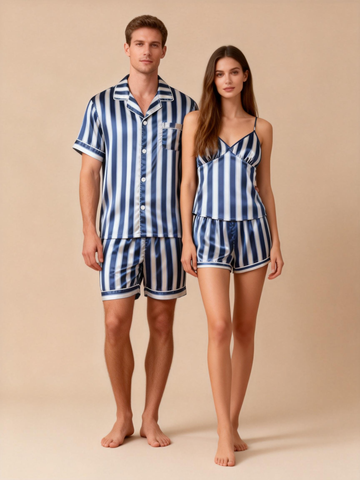 Silky Classic Striped Printed Couple Sleepwear – Navy Satin Short Pajama Set