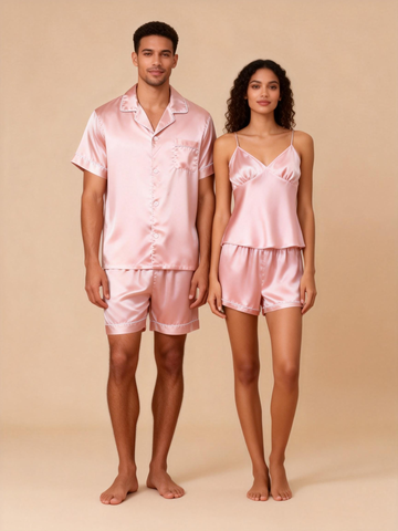 Silky Satin Solid Sleep Set for Couples-Pink