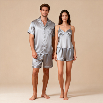 Silky Satin Solid Sleep Set for Couples-Gray