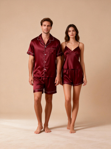 Silky Satin Solid Sleep Set for Couples-Burgundy