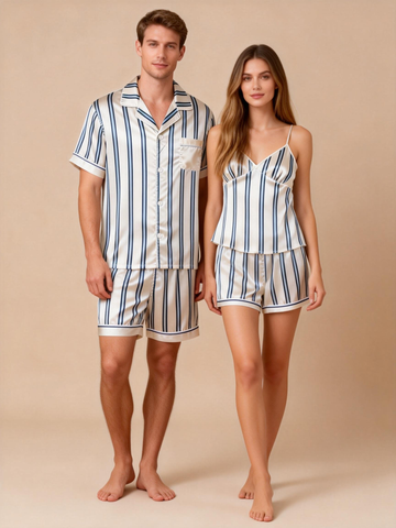 Silky Classic Striped Printed Couple Sleepwear – Satin Short Pajama Set