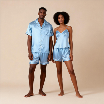 Silky Satin Solid Sleep Set for Couples-Baby Blue