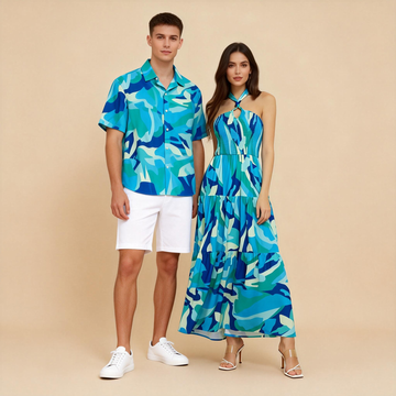 Couples Photo Outfit – Matching Print Shirt and Maxi Beach Dress