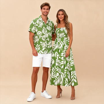 Matching Couples Vacation Looks – Printed Button-Up & Bohemian Dress
