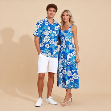 Beach Couple Matching Outfits – Printed Shirt & Flowy Maxi Dress
