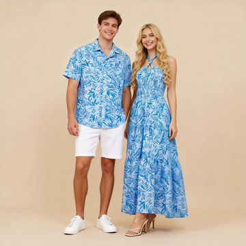 Beach Couple Matching Outfits – Printed Shirt & Flowy Maxi Dress