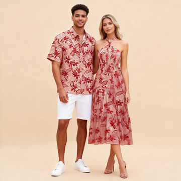 His and Hers Beachwear – Printed Shirt + Boho Printed Maxi Dress