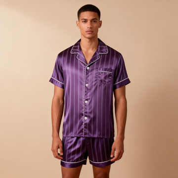 Silky Satin Striped Printed Sleep Set for Men-Purple