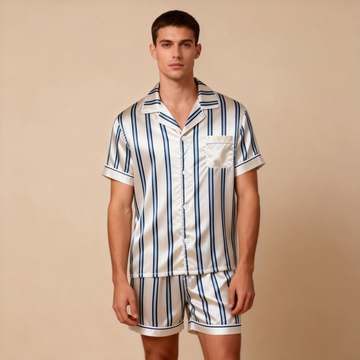 Silky Classic Striped Printed Satin Short Pajama Set-Beige