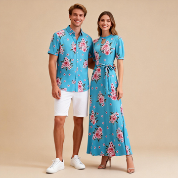 Summer Beach Couple Matching Set – Shirt + Printed Maxi Dress
