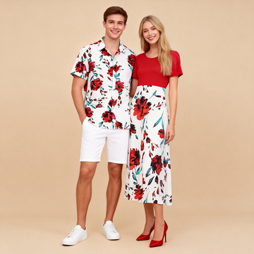 Tropical Getaway Couple Set – Print Shirt & Flowy Maxi Dress