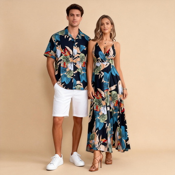 Island Couple Outfit – Tropical Shirt & Bohemian Long Dress