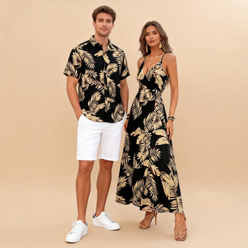 Romantic Vacation Couple Outfit – Printed Shirt & Maxi Dress