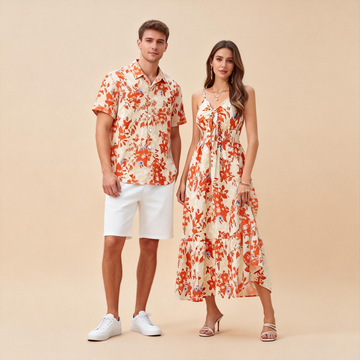 Couples Summer Set – Printed Shirt & Boho Spaghetti Strap Dress