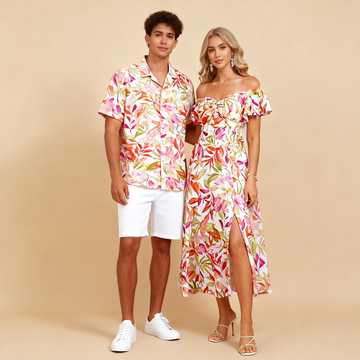 Vacation Couple Set – Button-Up Print Shirt + Flowy Maxi Dress
