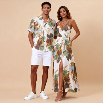 Couples Matching Print Set – Men’s Shirt + Women’s Beach Dress