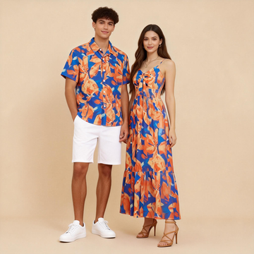 Resort Couples Outfit – Men’s Print Shirt & Women’s Beach Maxi