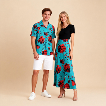 Couples Matching Resort Set – Printed Shirt + Bohemian Maxi Dress