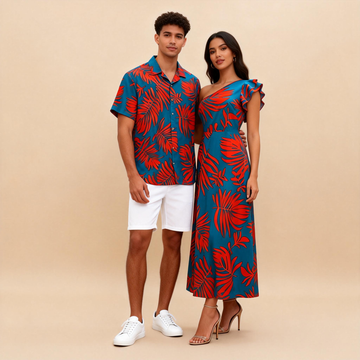 Matching Resort Couple Outfit – Printed Shirt + Flowy Maxi Dress