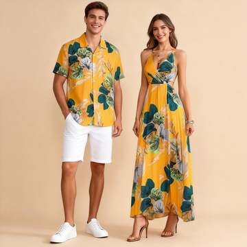 Couples Matching Look – Button Shirt & Boho Beach Maxi Dress